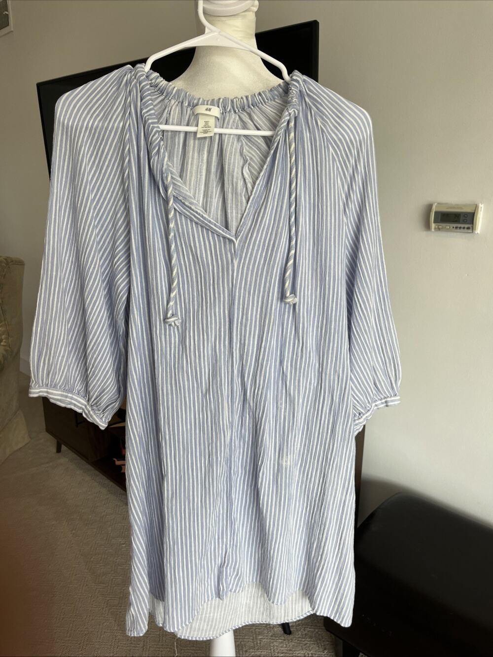 H&M Blue White Stripe Cotton Linen Dress Cover Up Beach Casual Preppy Size Small